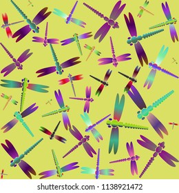 Decorative colored seamless pattern with cute dragonfly. Vintage background with many dragonflies silhouettes for your design.