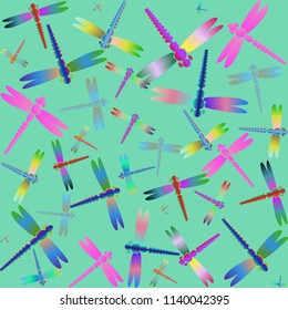 Decorative colored seamless pattern with cute dragonfly. Vintage background with many dragonflies silhouettes for your design.