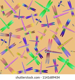 Decorative colored seamless pattern with cute dragonfly. Vintage background with many dragonflies silhouettes for your design.