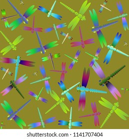 Decorative colored seamless pattern with cute dragonfly. Vintage background with many dragonflies silhouettes for your design.