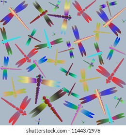 Decorative colored seamless pattern with cute dragonfly. Vintage background with many dragonflies silhouettes for your design.