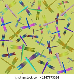 Decorative colored seamless pattern with cute dragonfly. Vintage background with many dragonflies silhouettes for your design.