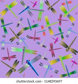 Decorative colored seamless pattern with cute dragonfly. Vintage background with many dragonflies silhouettes for your design.