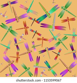 Decorative colored seamless pattern with cute dragonfly. Vintage background with many dragonflies silhouettes for your design.