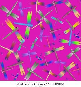 Decorative colored seamless pattern with cute dragonfly. Vintage background with many dragonflies silhouettes for your design.