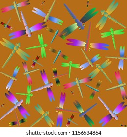 Decorative colored seamless pattern with cute dragonfly. Vintage background with many dragonflies silhouettes for your design.