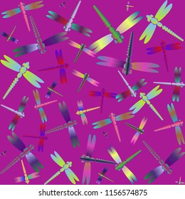 Decorative colored seamless pattern with cute dragonfly. Vintage background with many dragonflies silhouettes for your design.