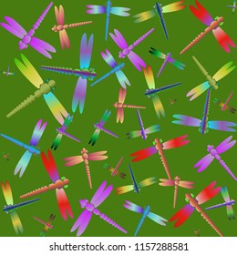 Decorative colored seamless pattern with cute dragonfly. Vintage background with many dragonflies silhouettes for your design.
