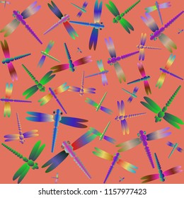 Decorative colored seamless pattern with cute dragonfly. Vintage background with many dragonflies silhouettes for your design.
