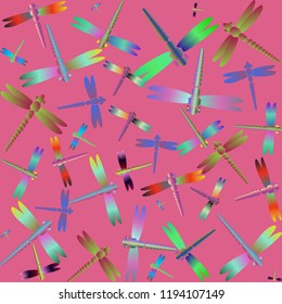 Decorative colored seamless pattern with cute dragonfly. Vintage background with many dragonflies silhouettes for your design.