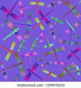 Decorative colored seamless pattern with cute dragonfly. Vintage background with many dragonflies silhouettes for your design.