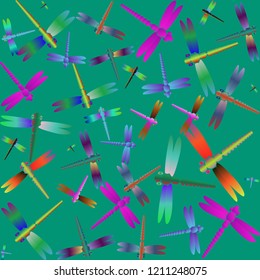 Decorative colored seamless pattern with cute dragonfly. Vintage background with many dragonflies silhouettes for your design.