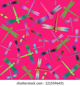 Decorative colored seamless pattern with cute dragonfly. Vintage background with many dragonflies silhouettes for your design.