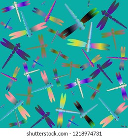 Decorative colored seamless pattern with cute dragonfly. Vintage background with many dragonflies silhouettes for your design.
