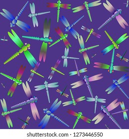 Decorative colored seamless pattern with cute dragonfly. Vintage background with many dragonflies silhouettes for your design.