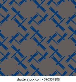 Decorative colored seamless pattern with cute dragonfly. Vintage background with many dragonflies silhouettes for your design.