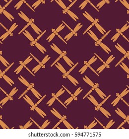 Decorative colored seamless pattern with cute dragonfly. Vintage background with many dragonflies silhouettes for your design.