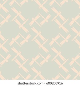 Decorative colored seamless pattern with cute dragonfly. Vintage background with many dragonflies silhouettes for your design.