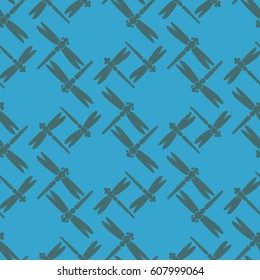 Decorative colored seamless pattern with cute dragonfly. Vintage background with many dragonflies silhouettes for your design.