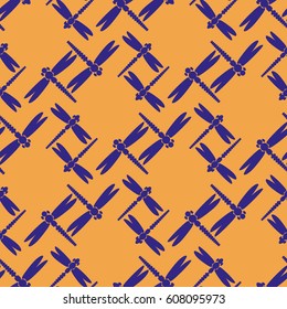 Decorative colored seamless pattern with cute dragonfly. Vintage background with many dragonflies silhouettes for your design.