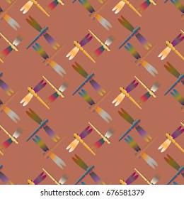 Decorative colored seamless pattern with cute dragonfly. Vintage background with many dragonflies silhouettes for your design.