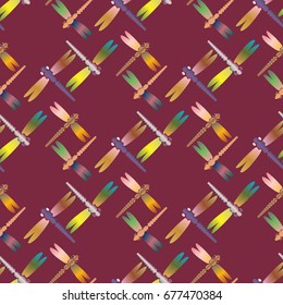 Decorative colored seamless pattern with cute dragonfly. Vintage background with many dragonflies silhouettes for your design.