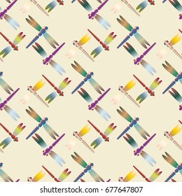 Decorative colored seamless pattern with cute dragonfly. Vintage background with many dragonflies silhouettes for your design.