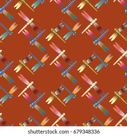 Decorative colored seamless pattern with cute dragonfly. Vintage background with many dragonflies silhouettes for your design.