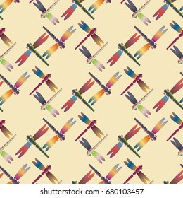 Decorative colored seamless pattern with cute dragonfly. Vintage background with many dragonflies silhouettes for your design.