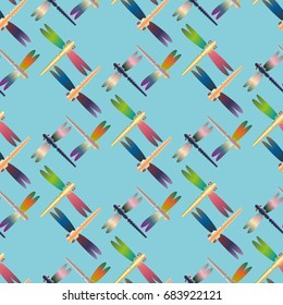 Decorative colored seamless pattern with cute dragonfly. Vintage background with many dragonflies silhouettes for your design.