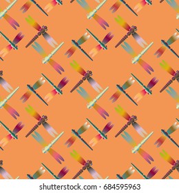 Decorative colored seamless pattern with cute dragonfly. Vintage background with many dragonflies silhouettes for your design.