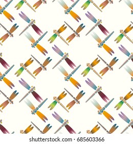 Decorative colored seamless pattern with cute dragonfly. Vintage background with many dragonflies silhouettes for your design.