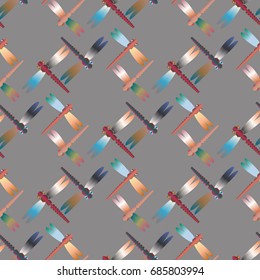 Decorative colored seamless pattern with cute dragonfly. Vintage background with many dragonflies silhouettes for your design.