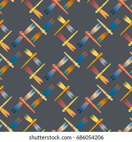 Decorative colored seamless pattern with cute dragonfly. Vintage background with many dragonflies silhouettes for your design.