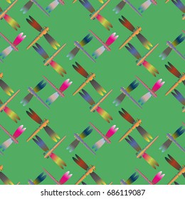 Decorative colored seamless pattern with cute dragonfly. Vintage background with many dragonflies silhouettes for your design.