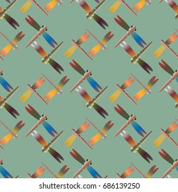 Decorative colored seamless pattern with cute dragonfly. Vintage background with many dragonflies silhouettes for your design.