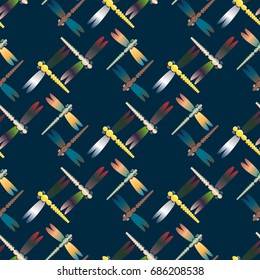 Decorative colored seamless pattern with cute dragonfly. Vintage background with many dragonflies silhouettes for your design.