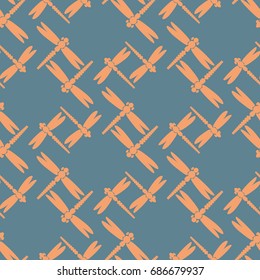 Decorative colored seamless pattern with cute dragonfly. Vintage background with many dragonflies silhouettes for your design.