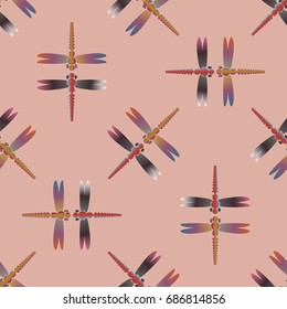 Decorative colored seamless pattern with cute dragonfly. Vintage background with many dragonflies silhouettes for your design.