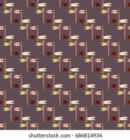 Decorative colored seamless pattern with cute dragonfly. Vintage background with many dragonflies silhouettes for your design.