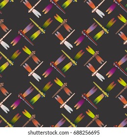 Decorative colored seamless pattern with cute dragonfly. Vintage background with many dragonflies silhouettes for your design.