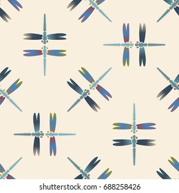 Decorative colored seamless pattern with cute dragonfly. Vintage background with many dragonflies silhouettes for your design.