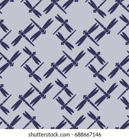 Decorative colored seamless pattern with cute dragonfly. Vintage background with many dragonflies silhouettes for your design.
