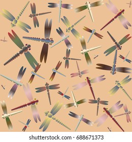 Decorative colored seamless pattern with cute dragonfly. Vintage background with many dragonflies silhouettes for your design.