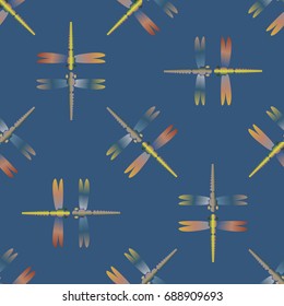 Decorative colored seamless pattern with cute dragonfly. Vintage background with many dragonflies silhouettes for your design.