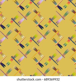 Decorative colored seamless pattern with cute dragonfly. Vintage background with many dragonflies silhouettes for your design.