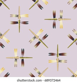 Decorative colored seamless pattern with cute dragonfly. Vintage background with many dragonflies silhouettes for your design.