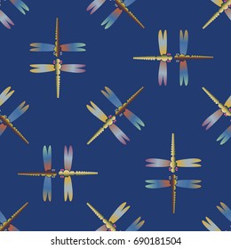 Decorative colored seamless pattern with cute dragonfly. Vintage background with many dragonflies silhouettes for your design.