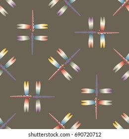 Decorative colored seamless pattern with cute dragonfly. Vintage background with many dragonflies silhouettes for your design.