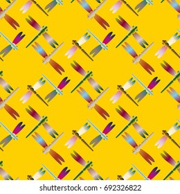 Decorative colored seamless pattern with cute dragonfly. Vintage background with many dragonflies silhouettes for your design.